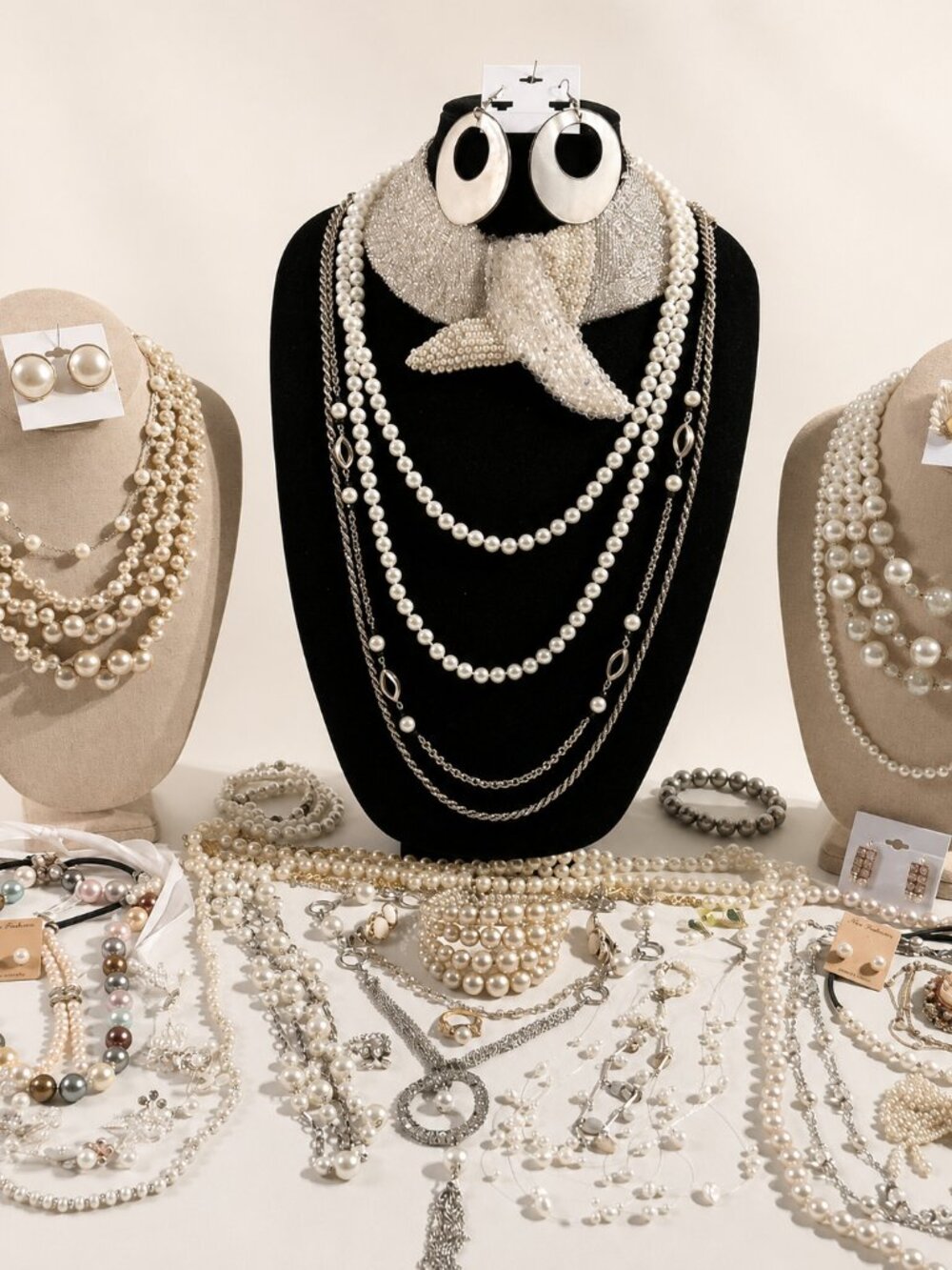 Pearl Multi-Strand Statement Necklace - Cream Pearl Layered Fashion Jewelry
